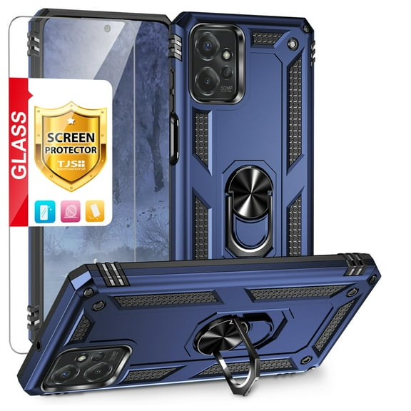 TJS for Motorola Moto G Power 2023 Phone Case, with Tempered Glass Screen Protector, Impact Resistant Metal Ring Magnetic Support Kickstand Drop Protector Cover for Moto G Power 2023 (Blue)