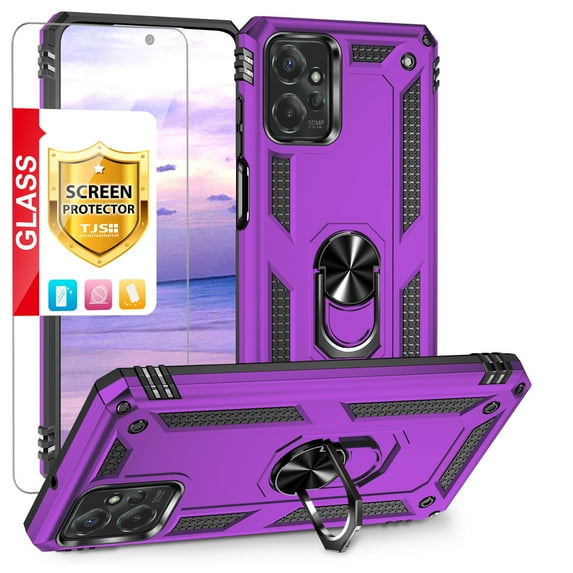 TJS for Motorola Moto G Power 2023 Phone Case, with Tempered Glass Screen Protector, Impact Resistant Metal Ring Magnetic Support Kickstand Drop Protector Cover for Moto G Power 2023 (Purple)