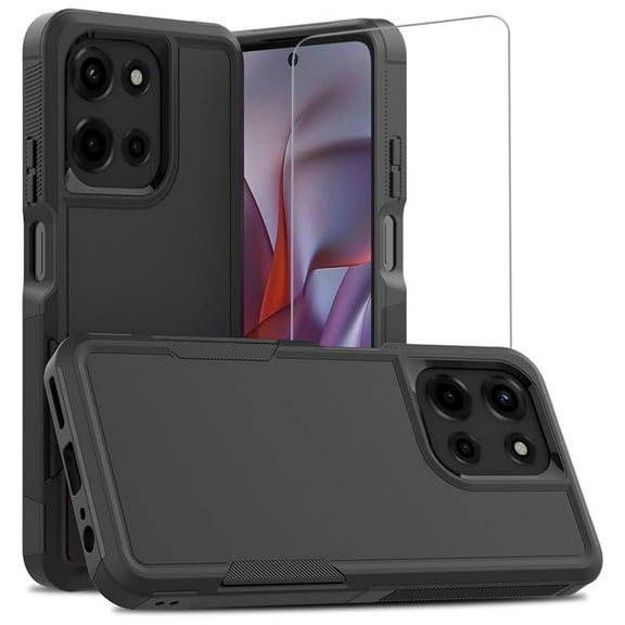 TJS for Motorola Moto G Power 5G 2025 / Moto G Power 5G 2026 Phone Case, with Tempered Glass Screen Protector, Heavy Duty Rugged Shockproof Full Body Protection Cover (Black)