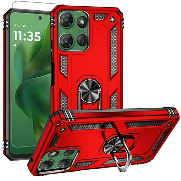 TJS for Motorola Moto G Power 5G 2025 / Moto G Power 5G 2026 Phone Case, with Tempered Glass Screen Protector, Impact Resistant Metal Ring Magnetic Support Kickstand Drop Protector Cover (Red)