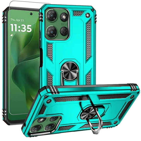 TJS for Motorola Moto G Power 5G 2025 / Moto G Power 5G 2026 Phone Case, with Tempered Glass Screen Protector, Impact Resistant Metal Ring Magnetic Support Kickstand Drop Protector Cover (Teal)