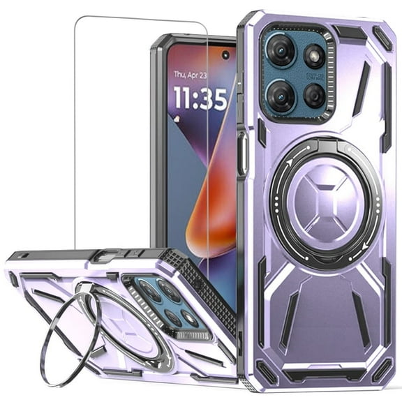 TJS for Motorola Moto G Power 5G 2025 / Moto G Power 5G 2026 Phone Case, with Tempered Glass Screen Protector, [Military Grade] Metal Circle Ring Magnetic Support Kickstand Protective Cover (Purple)