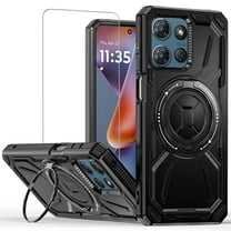TJS for Motorola Moto G Power 5G 2025 / Moto G Power 5G 2026 Phone Case, with Tempered Glass Screen Protector, [Military Grade] Metal Circle Ring Magnetic Support Kickstand Protective Cover (Black)