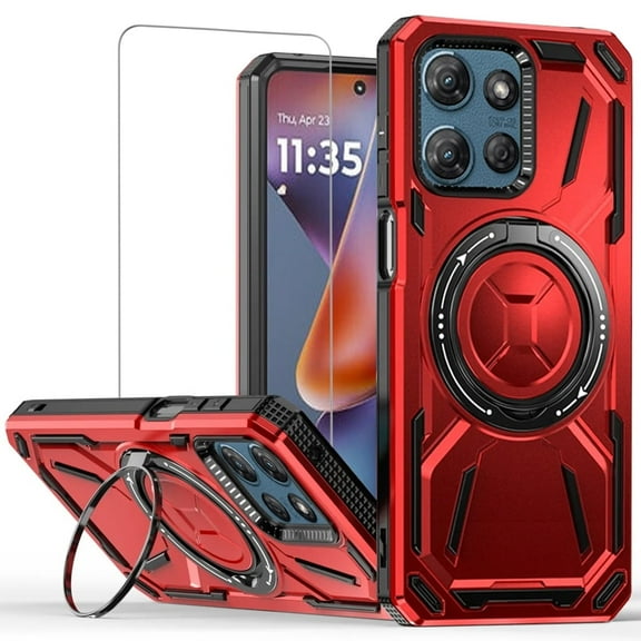 TJS for Motorola Moto G Power 5G 2025 / Moto G Power 5G 2026 Phone Case, with Tempered Glass Screen Protector, [Military Grade] Metal Circle Ring Magnetic Support Kickstand Protective Cover (Red)