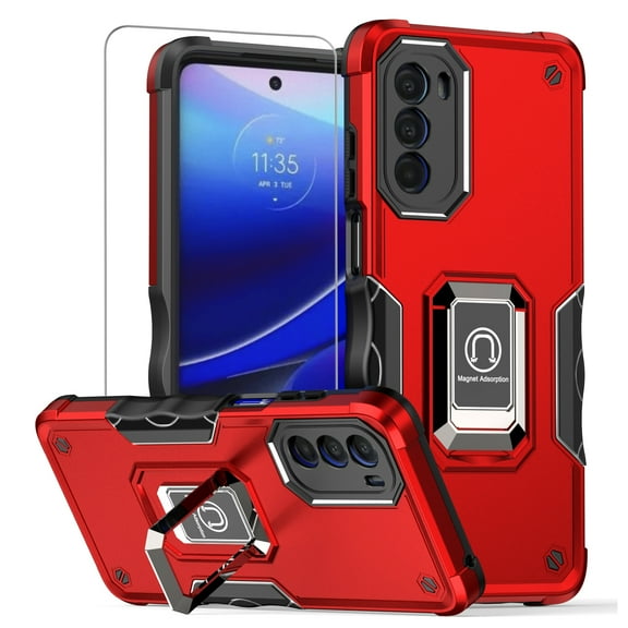 TJS for Motorola Moto G Stylus 5G (2022) Phone Case, with Tempered Glass Screen Protector, [Military Grade] Heavy Duty Protective Cover, Magnetic Support Ring Kickstand Case (Red)