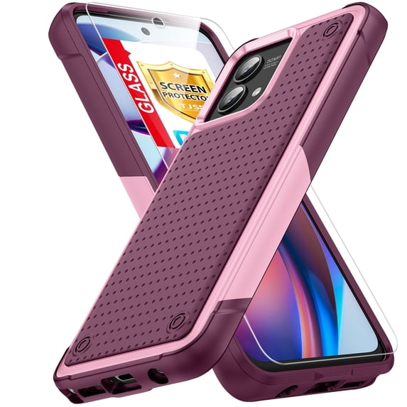 TJS for Motorola Moto G Stylus 5G 2023 Phone Case, with Tempered Glass Screen Protector, Dual Layer PC Back Soft Bumper Resilient Shock Absorb Protective Cover for Moto G Stylus 5G 2023 (Pink)