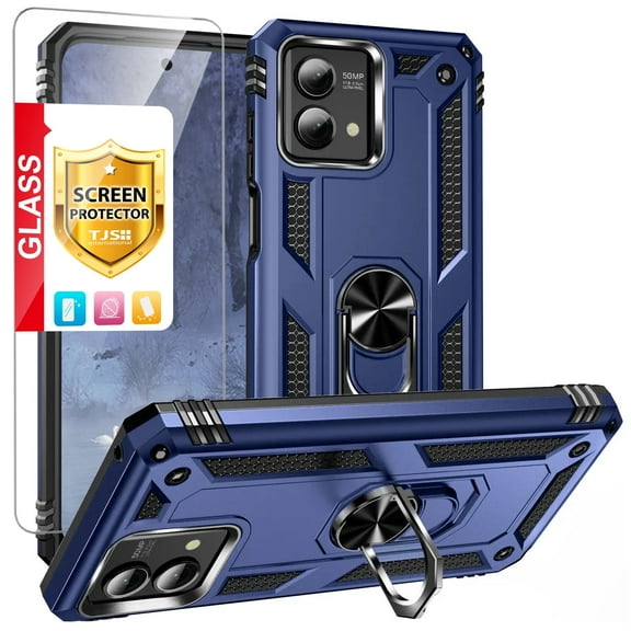 TJS for Motorola Moto G Stylus 5G 2023 Phone Case, with Tempered Glass Screen Protector, Impact Resistant Metal Ring Magnetic Support Kickstand Drop Protector Cover for Moto G Stylus 5G 2023 (Blue)