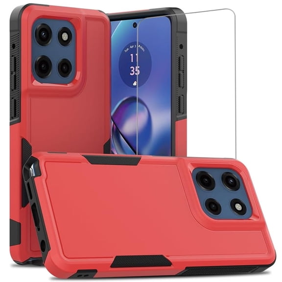 TJS for Motorola Moto G Stylus 5G 2026 / G Stylus 5G 2025 Phone Case, with Tempered Glass Screen Protector, Heavy Duty Rugged Shockproof Full Body Protection Cover (Red)