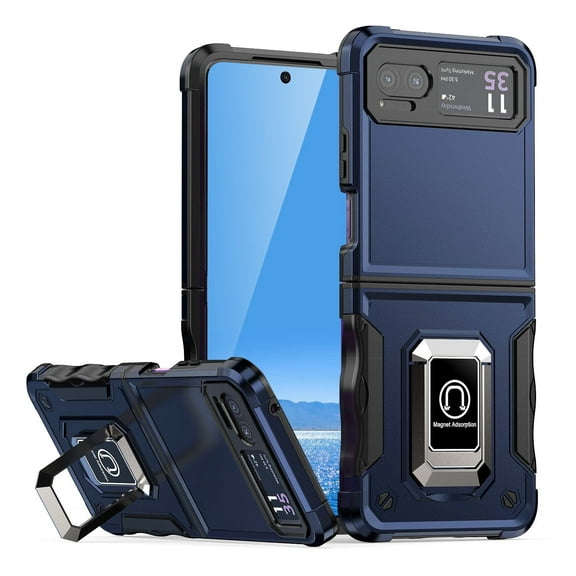 TJS for Motorola Razr 2023 / Razr 40 Phone Case, [Military Grade] Heavy Duty Magnetic Support Ring Kickstand Cover for Moto Razr 2023 / Razr 40 (Blue)