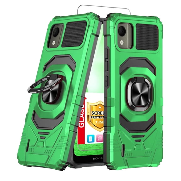 TJS for Nokia C110 Phone Case, with Tempered Glass Screen Protector, [Military Grade] Robotic Magnetic Support Car Mount Metal Ring Holder Kickstand Cover (Green)