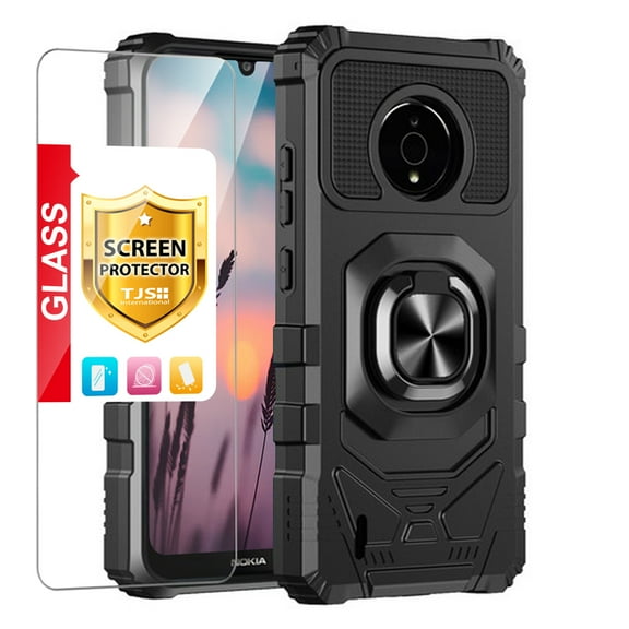 TJS for Nokia C200 Phone Case, with Tempered Glass Screen Protector, [Military Grade] Robotic Magnetic Support Car Mount Metal Ring Holder Kickstand Cover (Black)