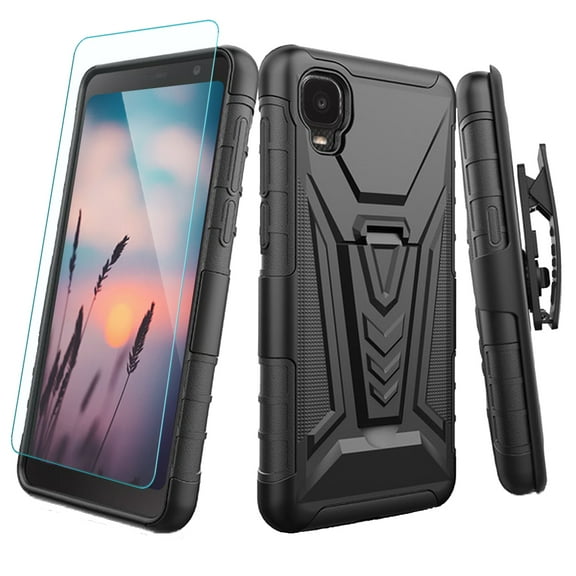 TJS Phone Case for Alcatel TCL A3 A509DL / A30, with Tempered Glass Screen Protector, 3 in 1 Combo Belt Clip Holster Impact Resist Rugged Kickstand Phone Cover (Black)
