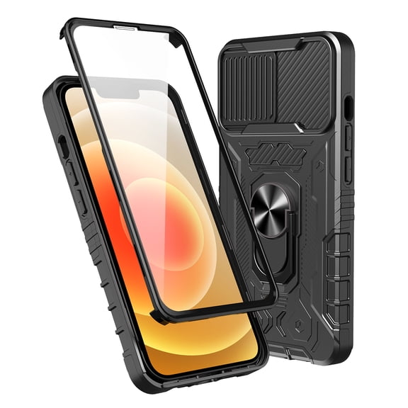 TJS Phone Case for Apple iPhone 13, Slide Camera Lens Cover Magnetic Support Metal Ring Holder Kickstand Built-in Tempered Glass Screen Protector Full Body Protective Case (Black)