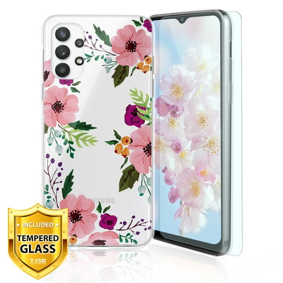 TJS Phone Case Compatible with Samsung Galaxy A32 5G, with [Tempered Glass Screen Protector] Slim TPU Matte Color Marble Transparent Clear Soft Skin Cover (Pink Flower)