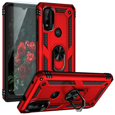 TJS for Motorola Moto G Pure 2021/Moto G Power 2022/Moto G Play 2023 case, with Tempered Glass Screen Protector Impact Resistant Metal Ring Magnetic Support Kickstand Drop Protector Cover (Red)