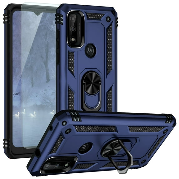 TJS for Motorola Moto G Pure 2021/Moto G Power 2022/Moto G Play 2023 case, with Tempered Glass Screen Protector Impact Resistant Metal Ring Magnetic Support Kickstand Drop Protector Cover (Blue)