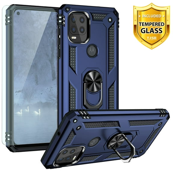 TJS Phone Case for Motorola Moto G Stylus 5G 2021 (Not Fit Moto G Stylus 2021), with [Tempered Glass Screen Protector] Resistant Metal Ring Magnetic Support Kickstand Protector Cover (Blue)