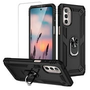 TJS Phone Case for Motorola Moto G Stylus 5G 2022, with [Tempered Glass Screen Protector] Impact Resistant Metal Ring Magnetic Support Kickstand Drop Protector Cover Black