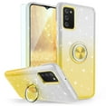 thumbnail image 1 of TJS for Samsung Galaxy A02S Phone Case, with Tempered Glass Screen Protector, Two Tone Shinny Glitter Metal Ring Magnetic Support Kickstand Cover (Yellow), 1 of 8