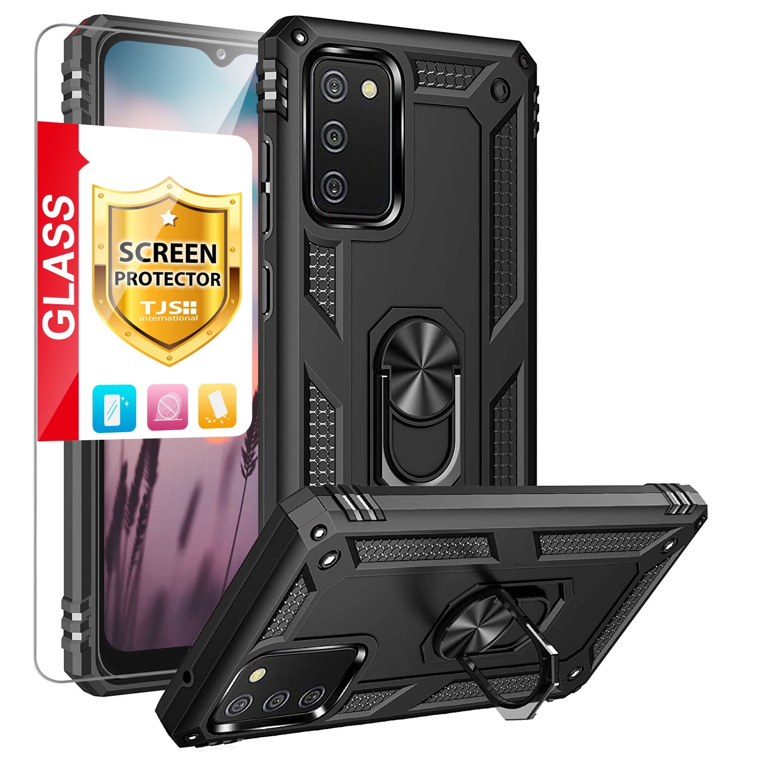 TJS Phone Case for Samsung Galaxy A03S, with [Tempered Glass Screen Protector] Impact Resistant Metal Ring Magnetic Support Kickstand Drop Protector Cover (Black)
