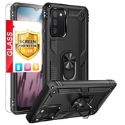 TJS Phone Case for Samsung Galaxy A03S, with [Tempered Glass Screen Protector] Impact Resistant Metal Ring Magnetic Support Kickstand Drop Protector Cover (Black)