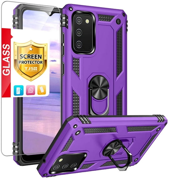 TJS Phone Case for Samsung Galaxy A03S, with [Tempered Glass Screen Protector] Impact Resistant Metal Ring Magnetic Support Kickstand Drop Protector Cover (Purple)