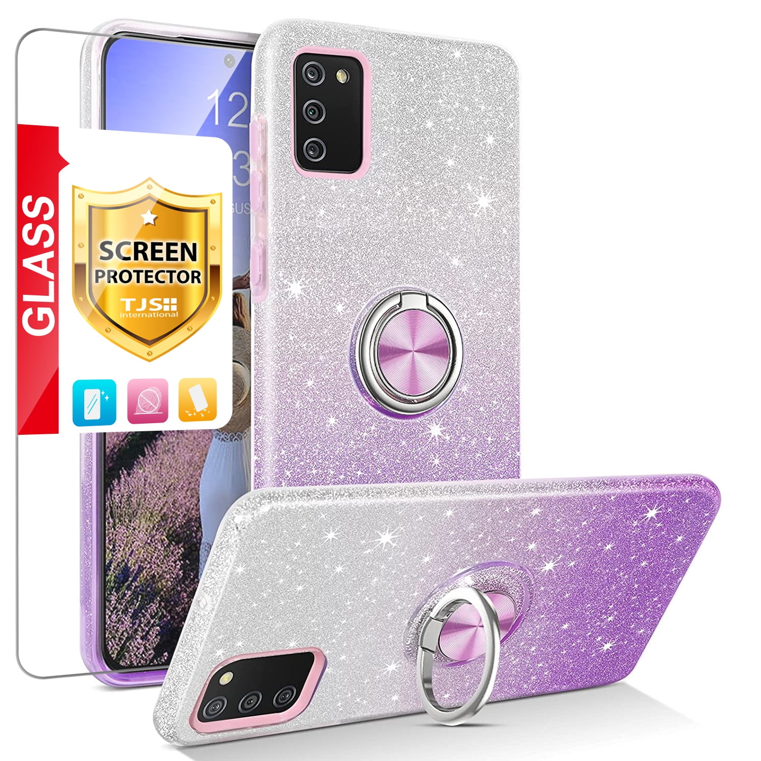 TJS Phone Case for Samsung Galaxy A03S, with Tempered Glass Screen Protector Two Tone Shinny Glitter Metal Ring Magnetic Support Kickstand Cover (Purple)