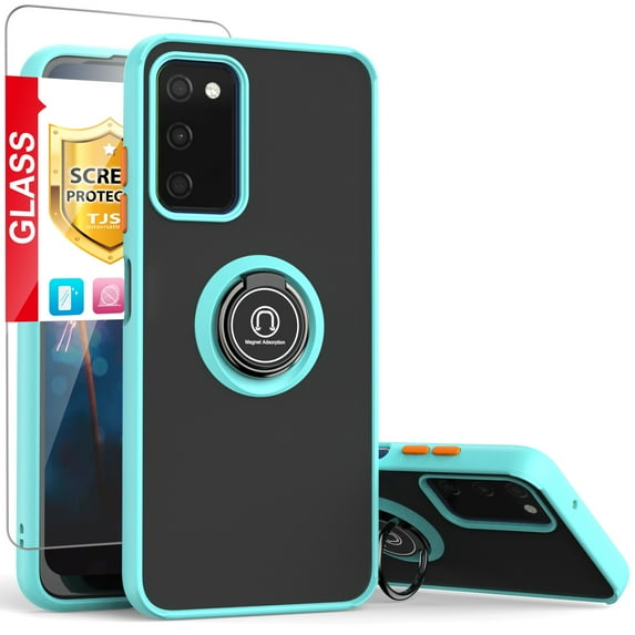 TJS Phone Case for Samsung Galaxy A03s Case, with Tempered Glass Screen Protector, 360 Degrees Rotating Metal Ring Magnetic Support Kickstand Cover (Light Blue)