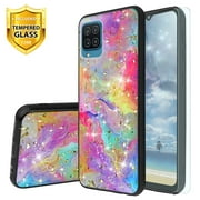 TJS Phone Case for Samsung Galaxy A12, with [Tempered Glass Screen Protector] Shiny Chrome Flake Glitter Full Body Rubber Bumper Drop Protector Cover (Rainbow)