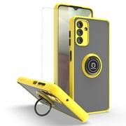 TJS Phone Case for Samsung Galaxy A13 5G, Galaxy A04s with Tempered Glass Screen Protector, 360 Degrees Rotating Metal Ring Magnetic Support Kickstand Cover Yellow