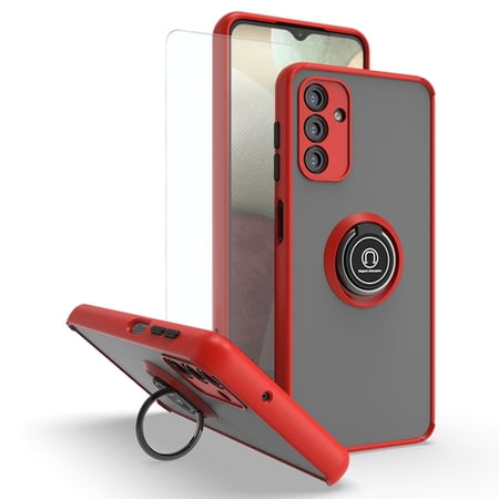 TJS Phone Case for Samsung Galaxy A13 5G, Galaxy A04s with Tempered Glass Screen Protector, 360 Degrees Rotating Metal Ring Magnetic Support Kickstand Cover (Red)
