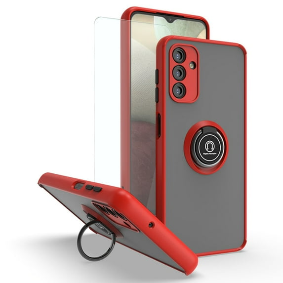 TJS Phone Case for Samsung Galaxy A13 5G, Galaxy A04s with Tempered Glass Screen Protector, 360 Degrees Rotating Metal Ring Magnetic Support Kickstand Cover (Red)
