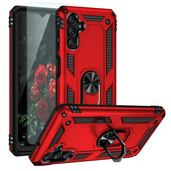 TJS Phone Case for Samsung Galaxy A13 5G, Galaxy A04s with [Tempered Glass Screen Protector] Impact Resistant Metal Ring Magnetic Support Kickstand Drop Protector Phone Cover (Red)