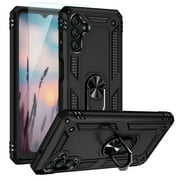 TJS Phone Case for Samsung Galaxy A13 5G, Galaxy A04s with [Tempered Glass Screen Protector] Impact Resistant Metal Ring Magnetic Support Kickstand Drop Protector Phone Cover (Black)