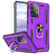 TJS Phone Case for Samsung Galaxy A53 5G, with [Tempered Glass Screen Protector] Impact Resistant Metal Ring Magnetic Support Kickstand Drop Protector Cover (Purple)