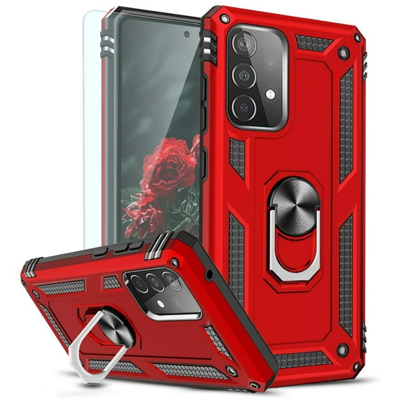 TJS Phone Case for Samsung Galaxy A53 5G, with [Tempered Glass Screen Protector] Impact Resistant Metal Ring Magnetic Support Kickstand Drop Protector Cover (Red)