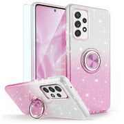 TJS Phone Case for Samsung Galaxy A53 5G, with Tempered Glass Screen Protector Two Tone Shinny Glitter Metal Ring Magnetic Support Kickstand Cover (Yellow)