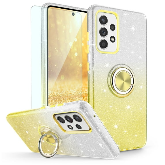 TJS Phone Case for Samsung Galaxy A53 5G, with Tempered Glass Screen Protector Two Tone Shinny Glitter Metal Ring Magnetic Support Kickstand Cover (Yellow)
