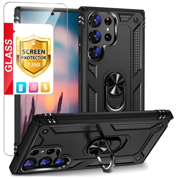 TJS Phone Case for Samsung Galaxy S26 Ultra, with Tempered Glass Screen Protector, Impact Resistant Metal Ring Magnetic Support Kickstand Cover for Galaxy S26 Ultra (Black)