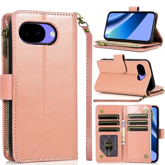 TJS Phone Case for Google Pixel 10a, Luxury Wallet Card ID Zipper Money Holder Cover (Rose Gold)
