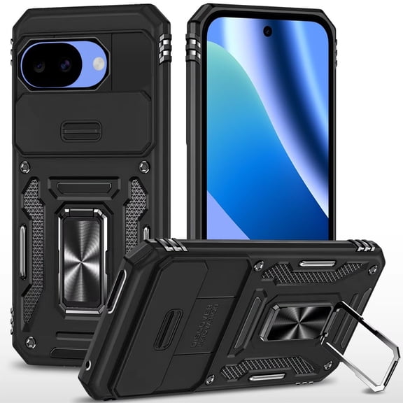 TJS Phone Case for Google Pixel 10a, [Military Grade] Metal Ring Holder Magnetic Support Kickstand with Camera Lens Cover (Black)