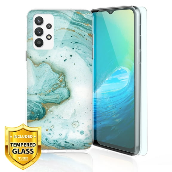 TJS Phone Case for Samsung Galaxy A32 5G, with [Tempered Glass Screen Protector] Slim TPU Matte Marble Transparent Clear Cover (Mint Green Marble)