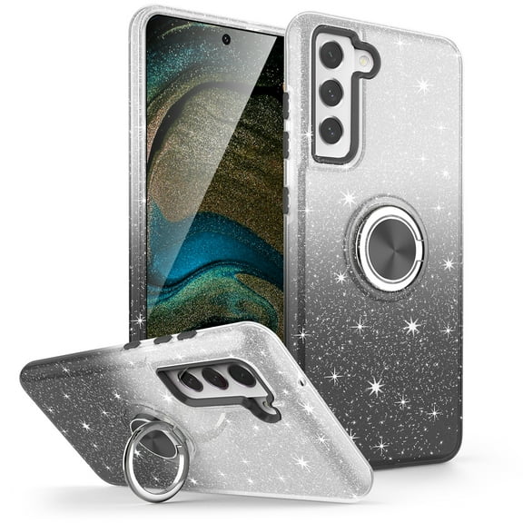 TJS Phone Case for Samsung Galaxy S22 Case, Two Tone Shinny Glitter Metal Ring Magnetic Support Kickstand Cover (Black)