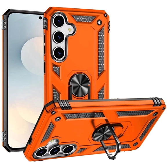 TJS Phone Case for Samsung Galaxy S26, Impact Resistant Metal Ring Magnetic Support Kickstand Drop Protector Cover for Galaxy S26 (Orange)