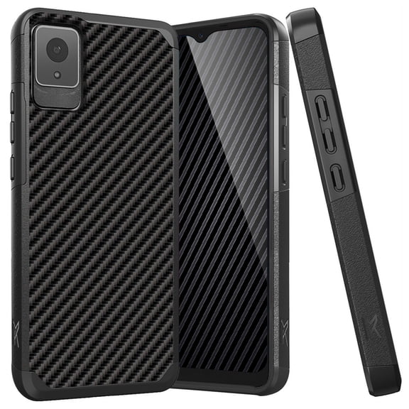 TJS Phone Case for TCL K11 T432W / TCL 502, Dual Layer Hybrid Magnetic Support Shockproof Heavy Duty Cover (Carbon Fiber Image)