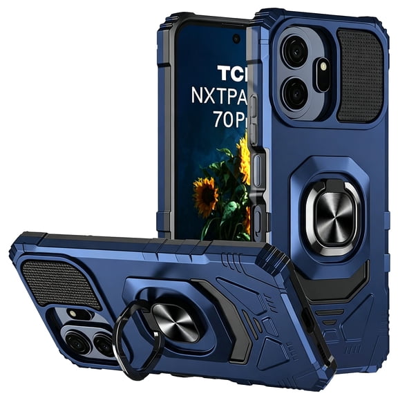 TJS Phone Case for TCL K70 5G / TCL K70 XE, [Military Grade] Robotic Magnetic Support Car Mount Metal Ring Holder Kickstand Cover (Blue)