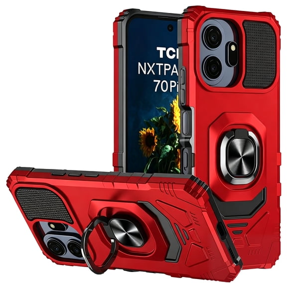 TJS Phone Case for TCL NXTPAPER 70 Pro, [Military Grade] Robotic Magnetic Support Car Mount Metal Ring Holder Kickstand Cover (Red)