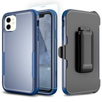 TJS Phone Case for iPhone 11 Case with Tempered Glass Screen Protector, Belt Clip Holster Heavy Duty Rugged Shockproof Full Body Protection Cover (Blue)