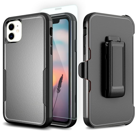 TJS Phone Case for iPhone 11 Case with Tempered Glass Screen Protector, Belt Clip Holster Heavy Duty Rugged Shockproof Full Body Protection Cover (Black)