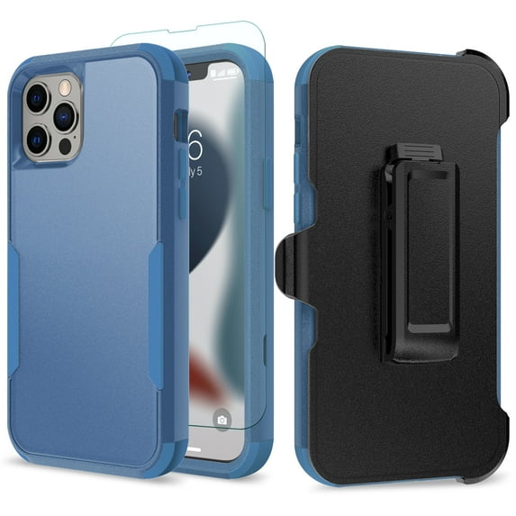 TJS Phone Case for iPhone 12 Pro/iPhone 12 Case with Tempered Glass Screen Protector, Belt Clip Holster Heavy Duty Rugged Shockproof Full Body Protection Cover (Blue)